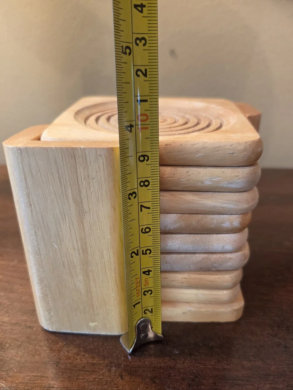 Set of 8 Vtg Solid Light Colored Wood 4” Coasters w/ Coaster Holder Modern Swirl